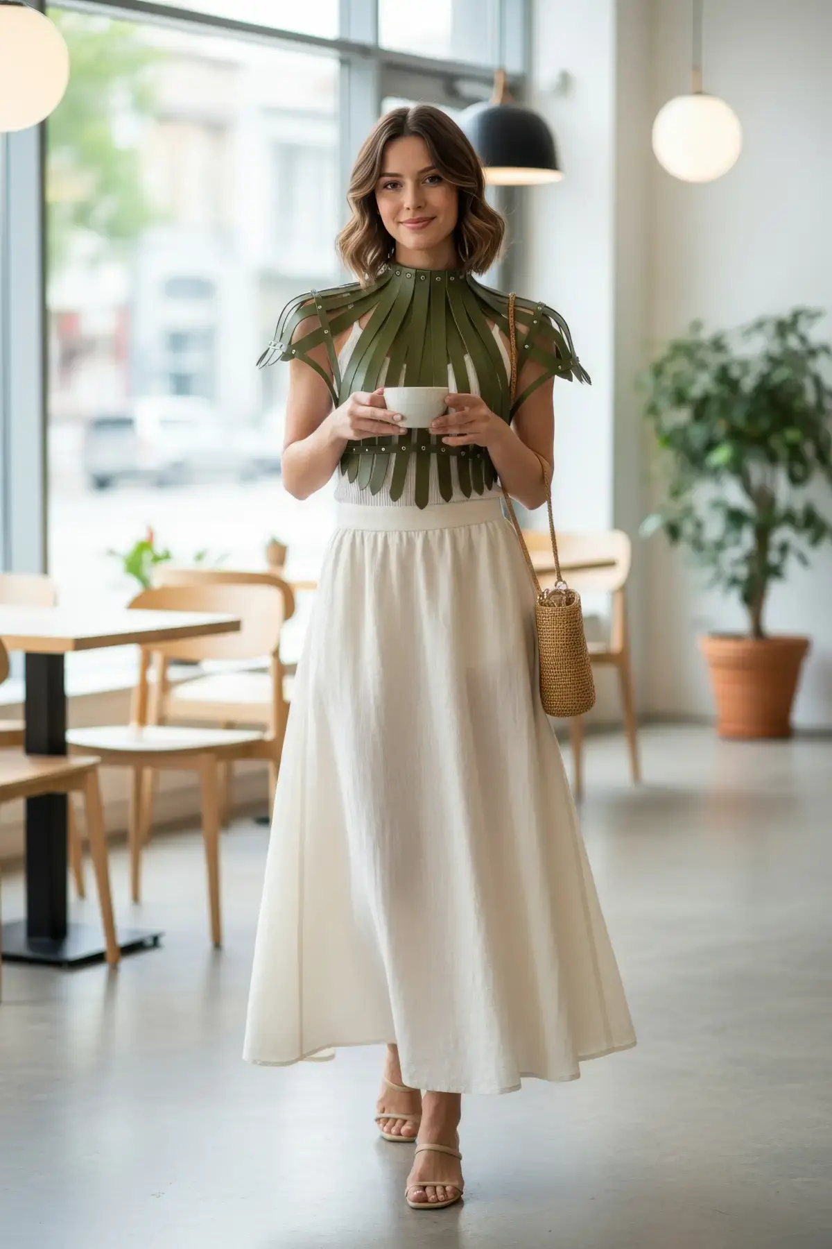 Haki Kadın Kemer Zımba Detaylı Deri Korse - Brf1257