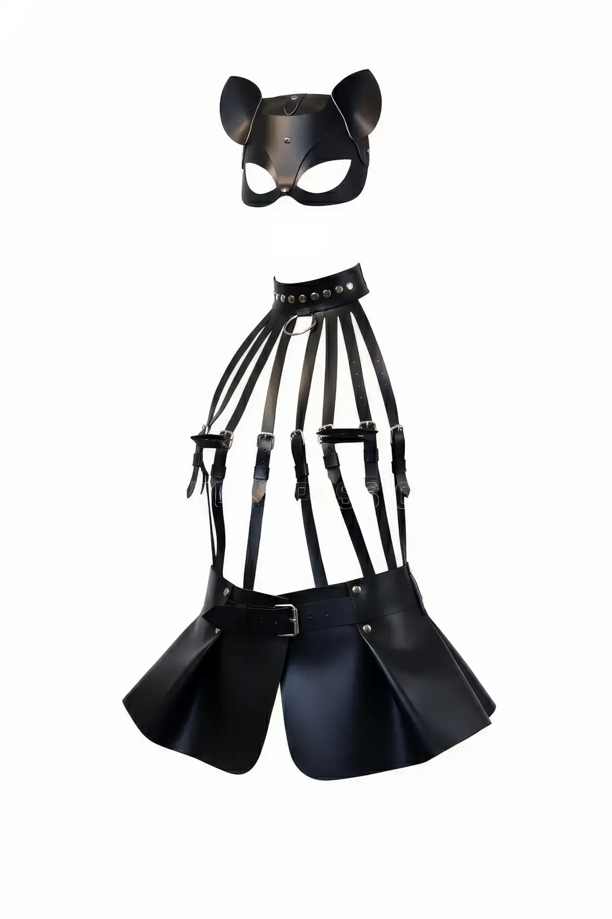 Siyah Etek Deri Harness Detaylı Etek Zımbalı Mini Etek - Brf1313