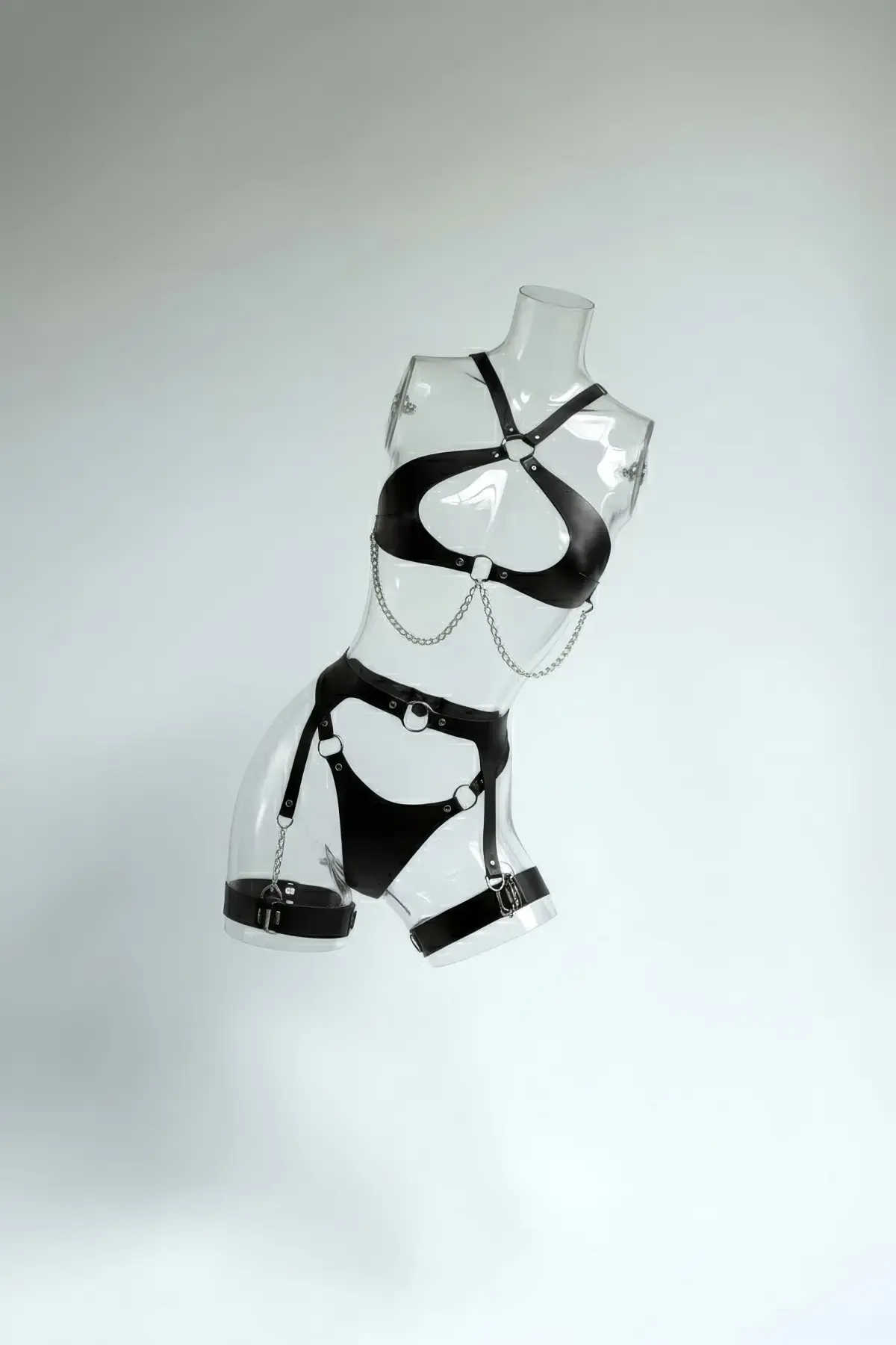 Siyah Harness Takım Zincir Detaylı Jartiyerli Suni Deri - Brf1330