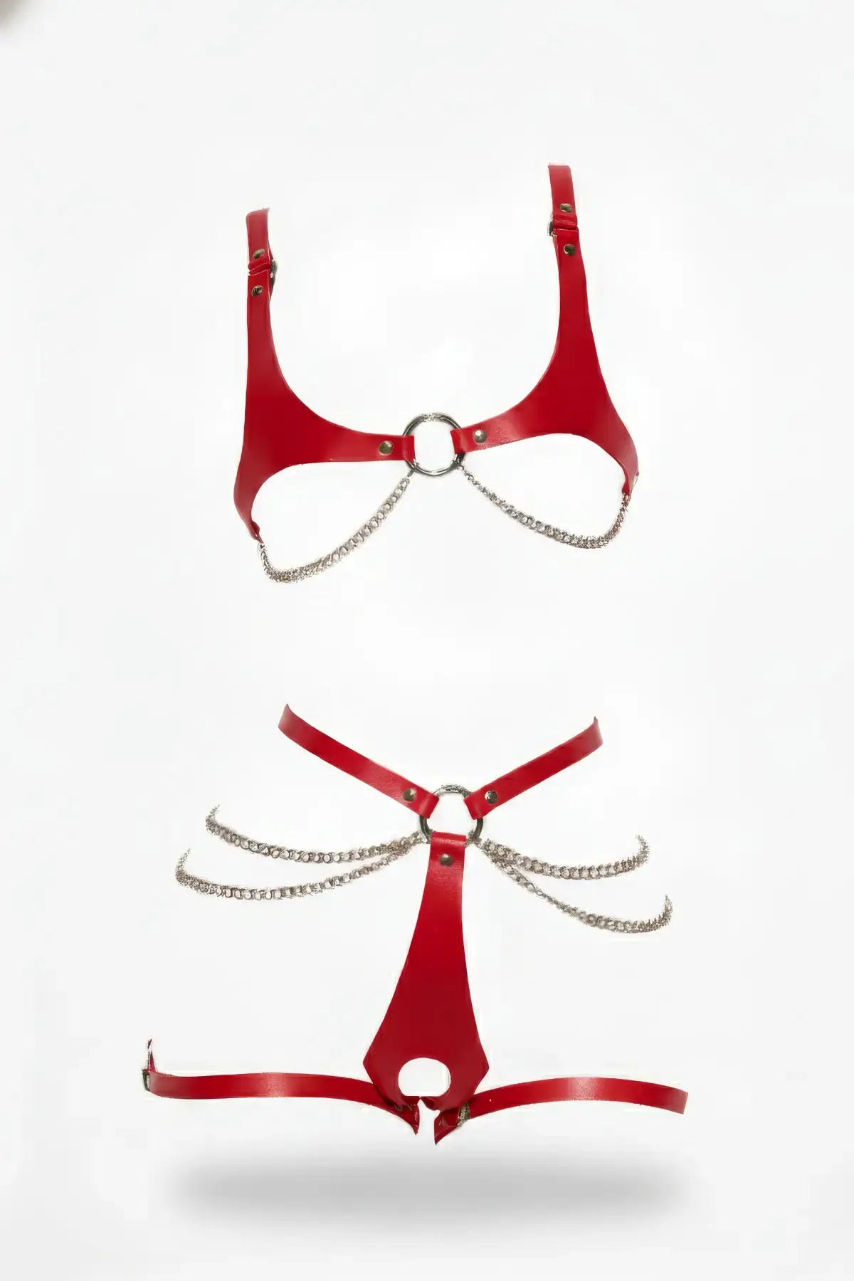 Kırmızı Harness Takım Deri Zincir Detaylı Vücut Aksesuarı - Brf1384
