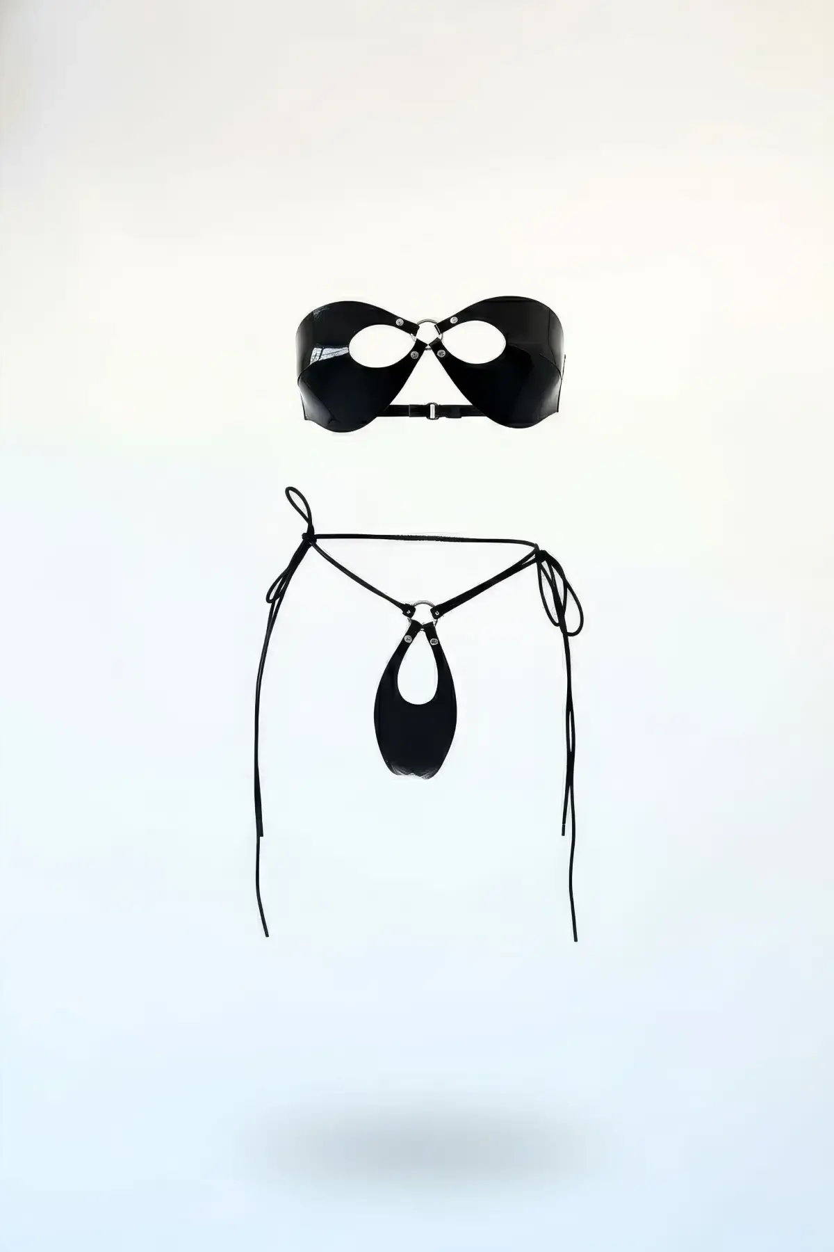 Siyah Harness Takım Parlak Vinil Metal Halka Detaylı - Brf1395