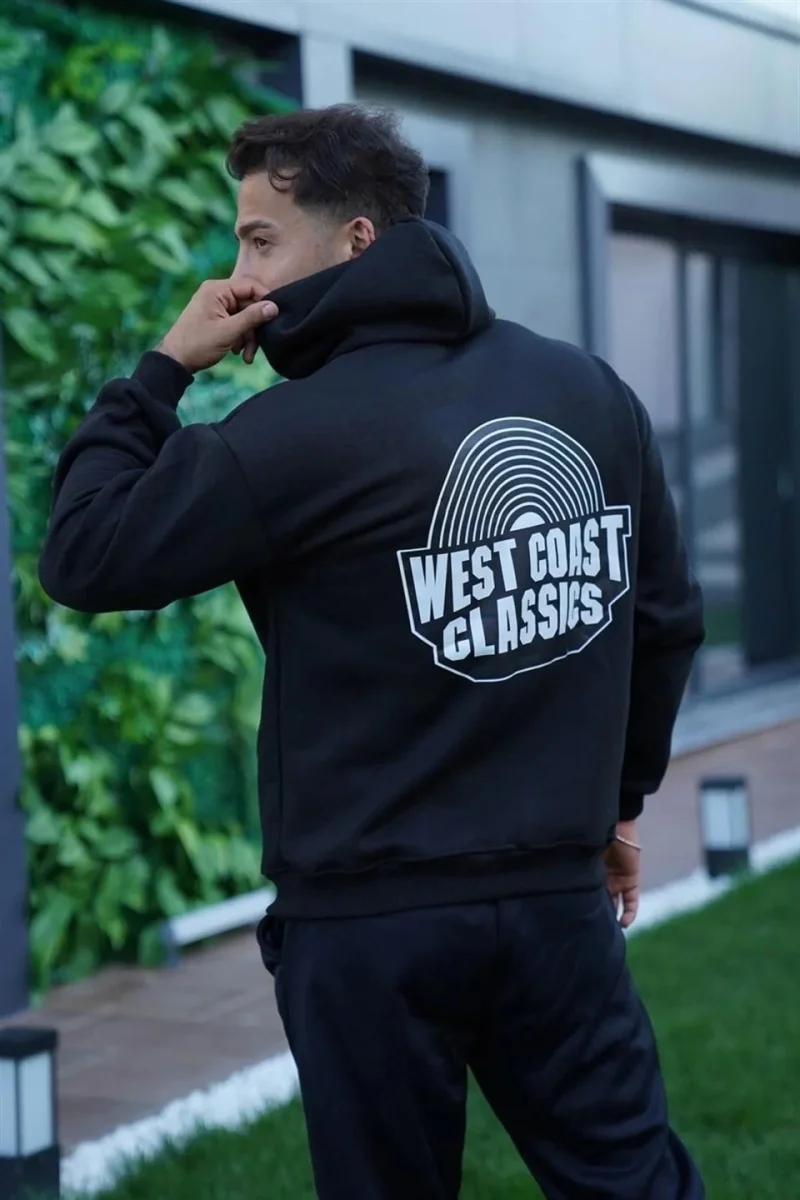 Sırt Baskılı Kapüşonlu Üç İplik Oversize Sweatshirt - Siyah -