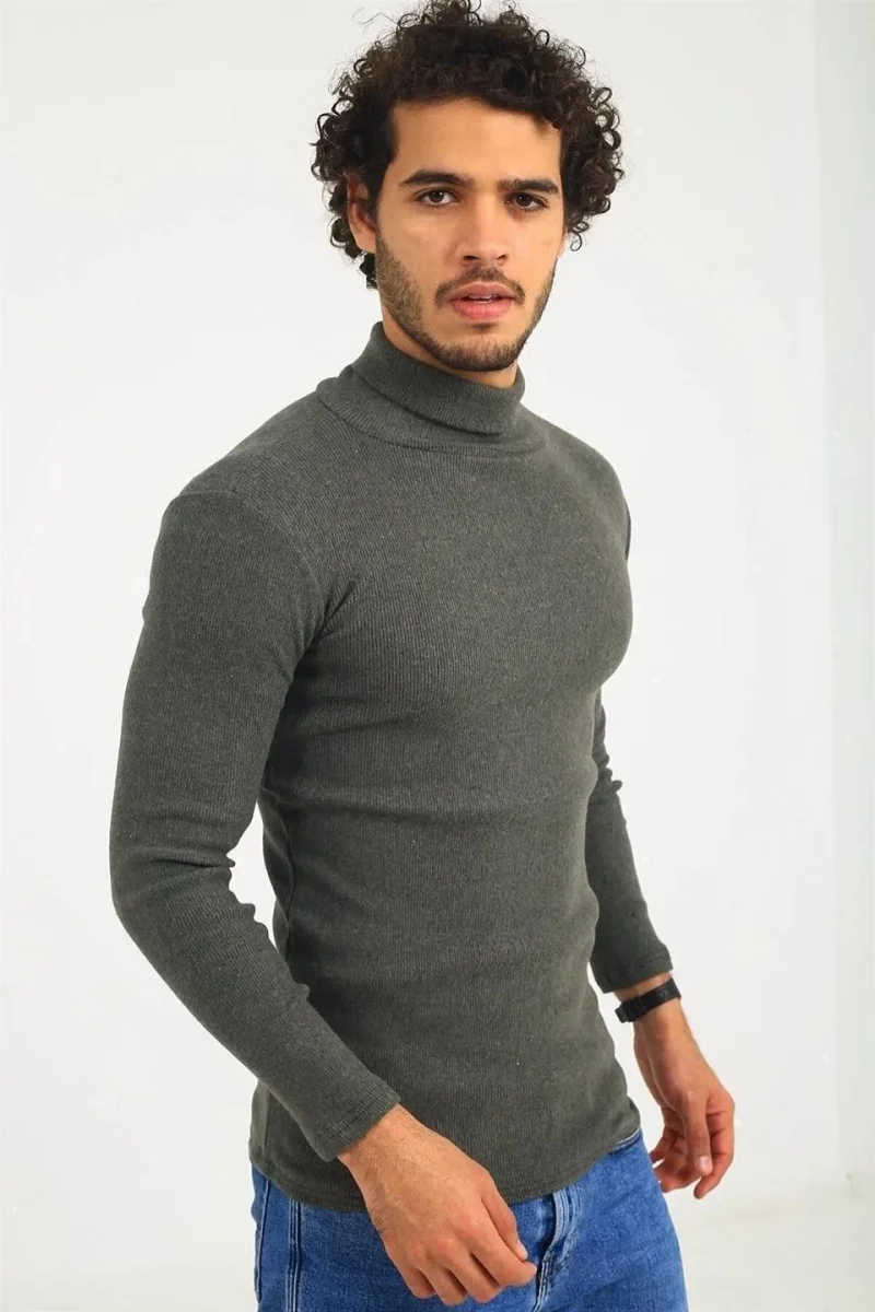 Kaşkorse Boğazlı Full Likralı Fitilli Body Kazak - Haki -