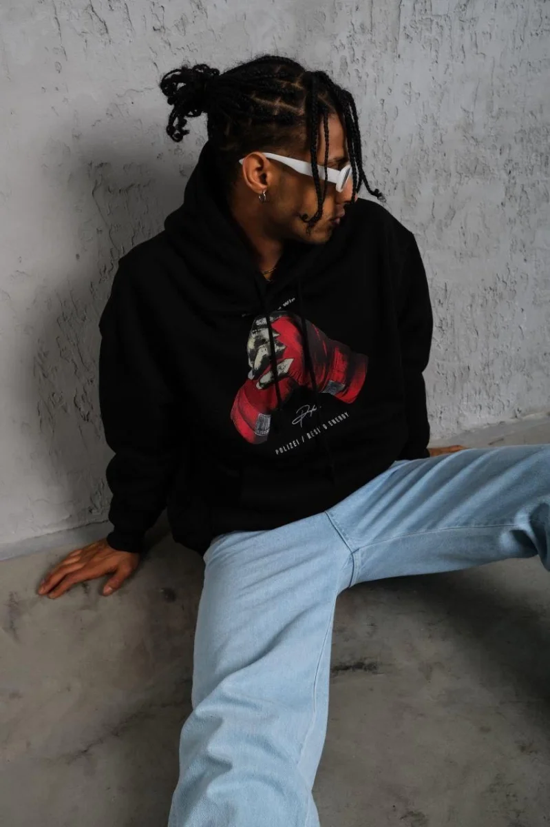 Eldiven Baskılı Kapüşonlu Sweat - Siyah -