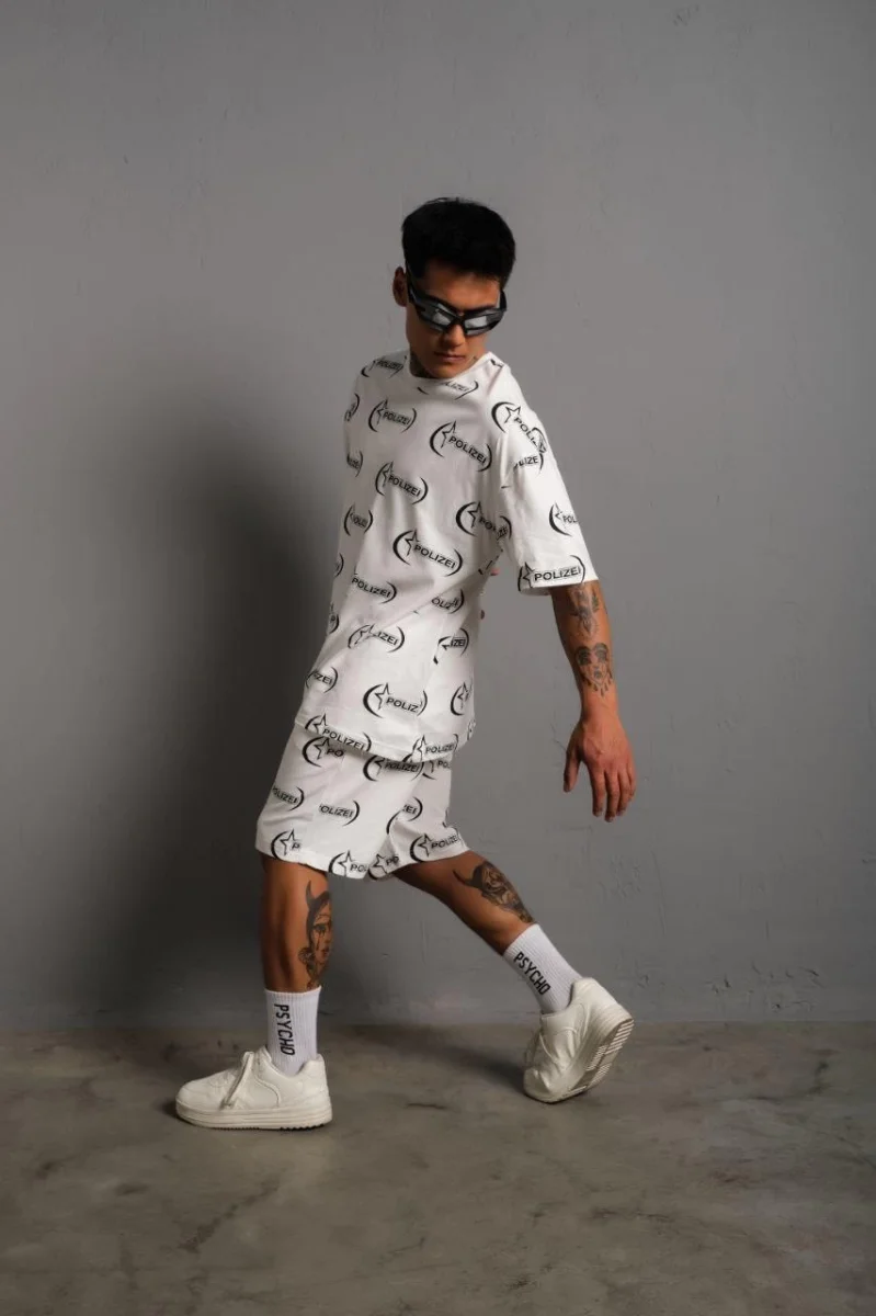 Baskılı İkili Şortlu Takım - Beyaz -