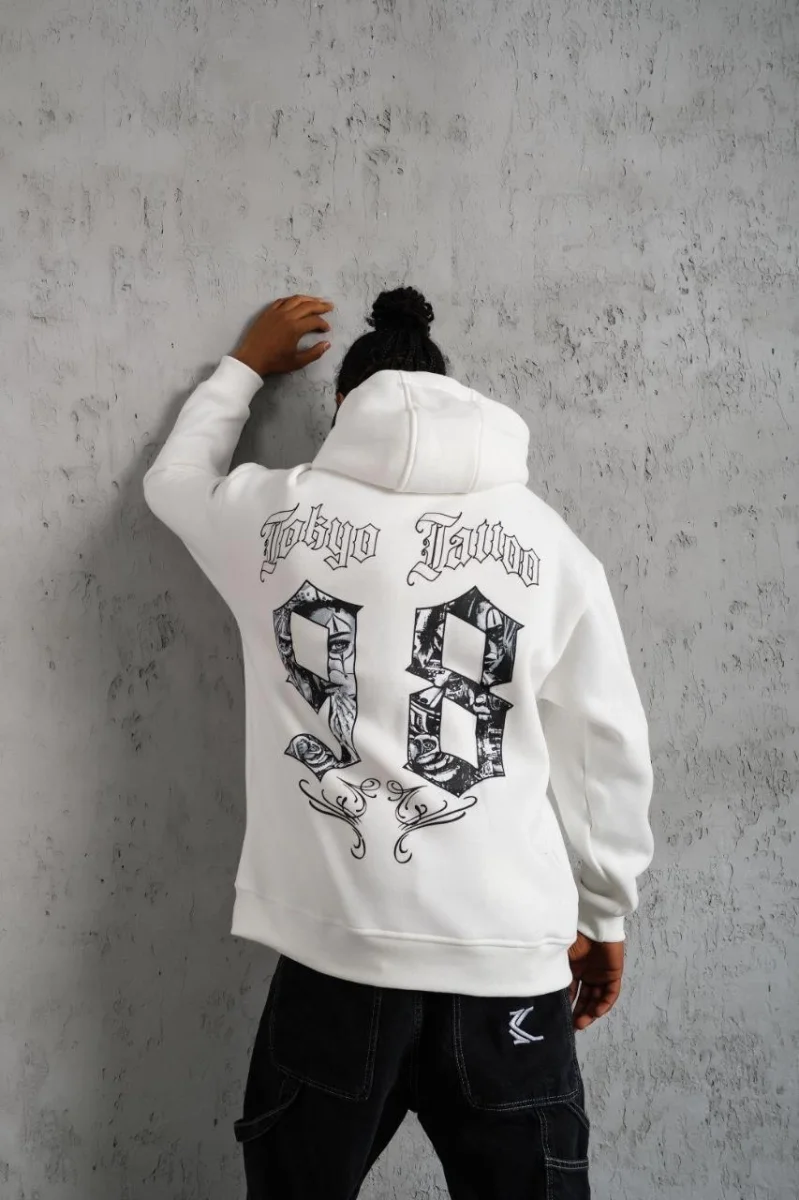 98 Baskılı Kapşonlu Sweat - Beyaz -