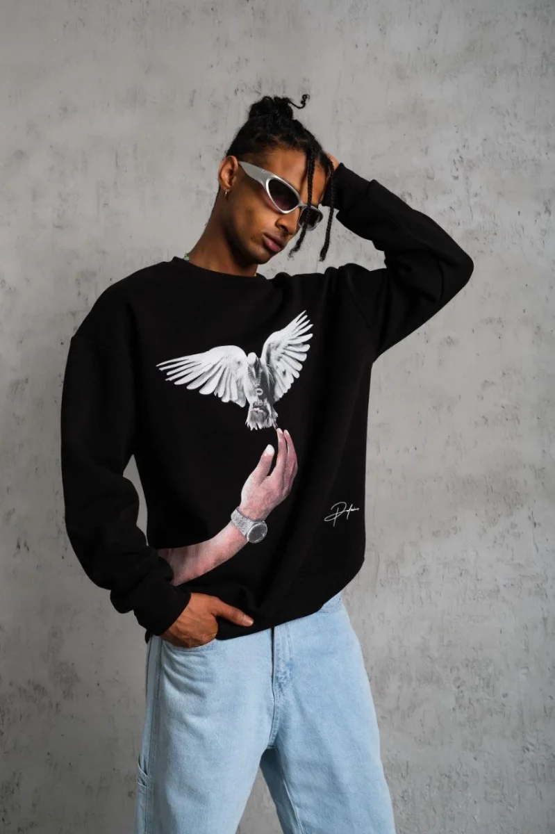 Güvercin Baskılı Sweatshirt - Siyah -
