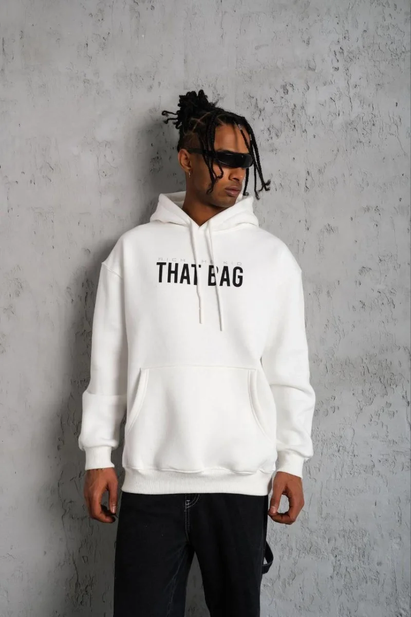 Kanguru Cep Baskılı Kapüşonlu Sweatshirt - Beyaz -