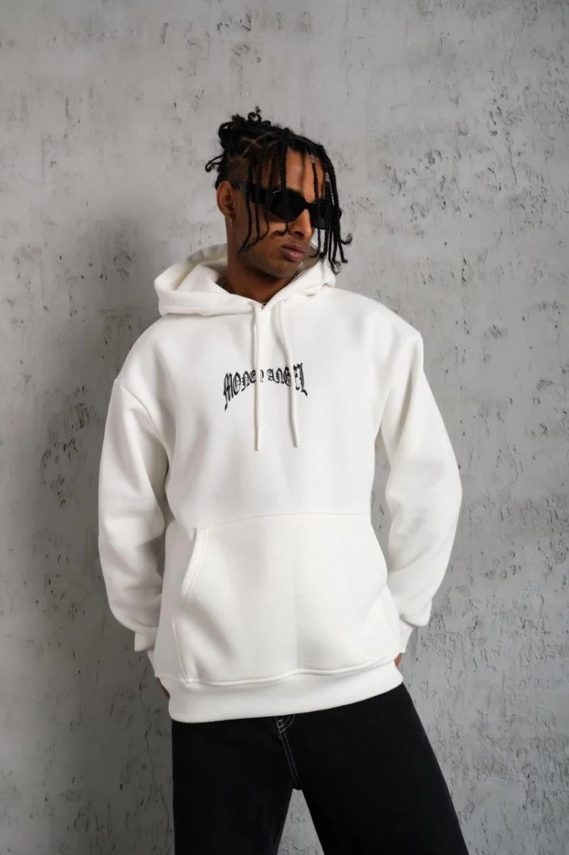 Kordon İpli Baskılı Kapüşonlu Sweatshirt - Beyaz -