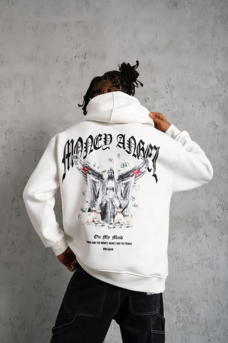 Kordon İpli Baskılı Kapüşonlu Sweatshirt - Beyaz -