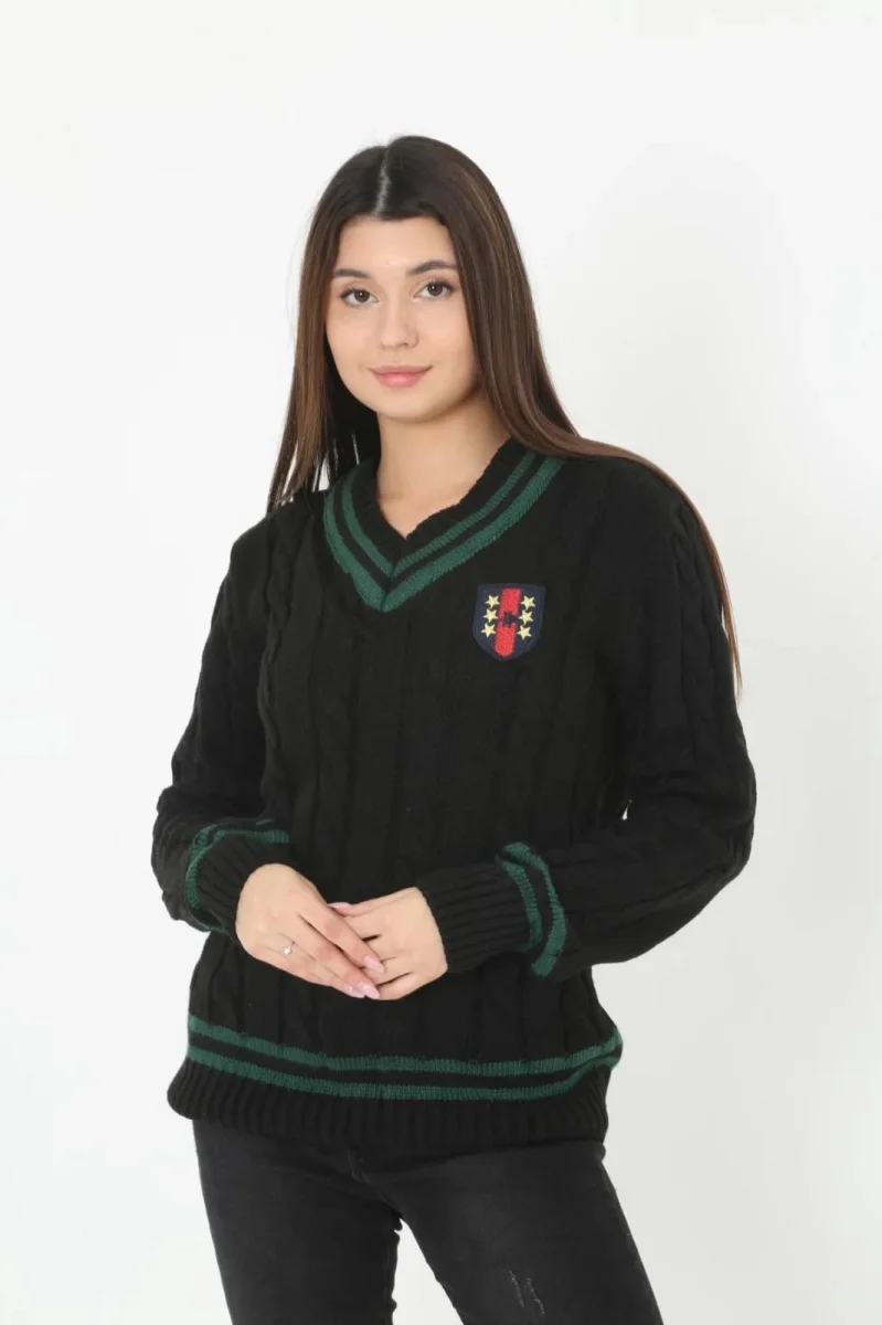 V Yaka Örgülü Kazak - Siyah -