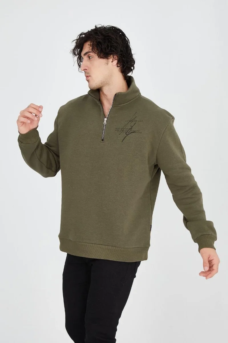 Yarım Fermuarlı Baskılı Sweat - Yeşil -