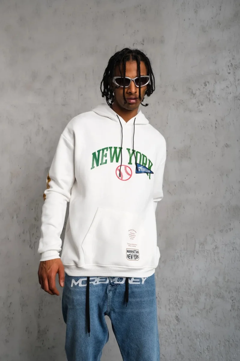 Baskılı Kapüşonlu Sweatshirt - Beyaz -