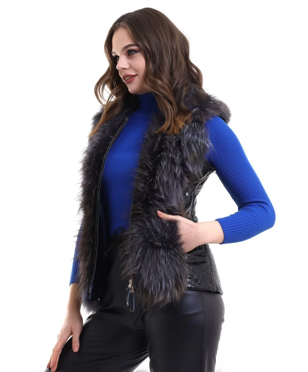 Fermuarlı Koyun Derisi Tilki Kürkü - Siyah -