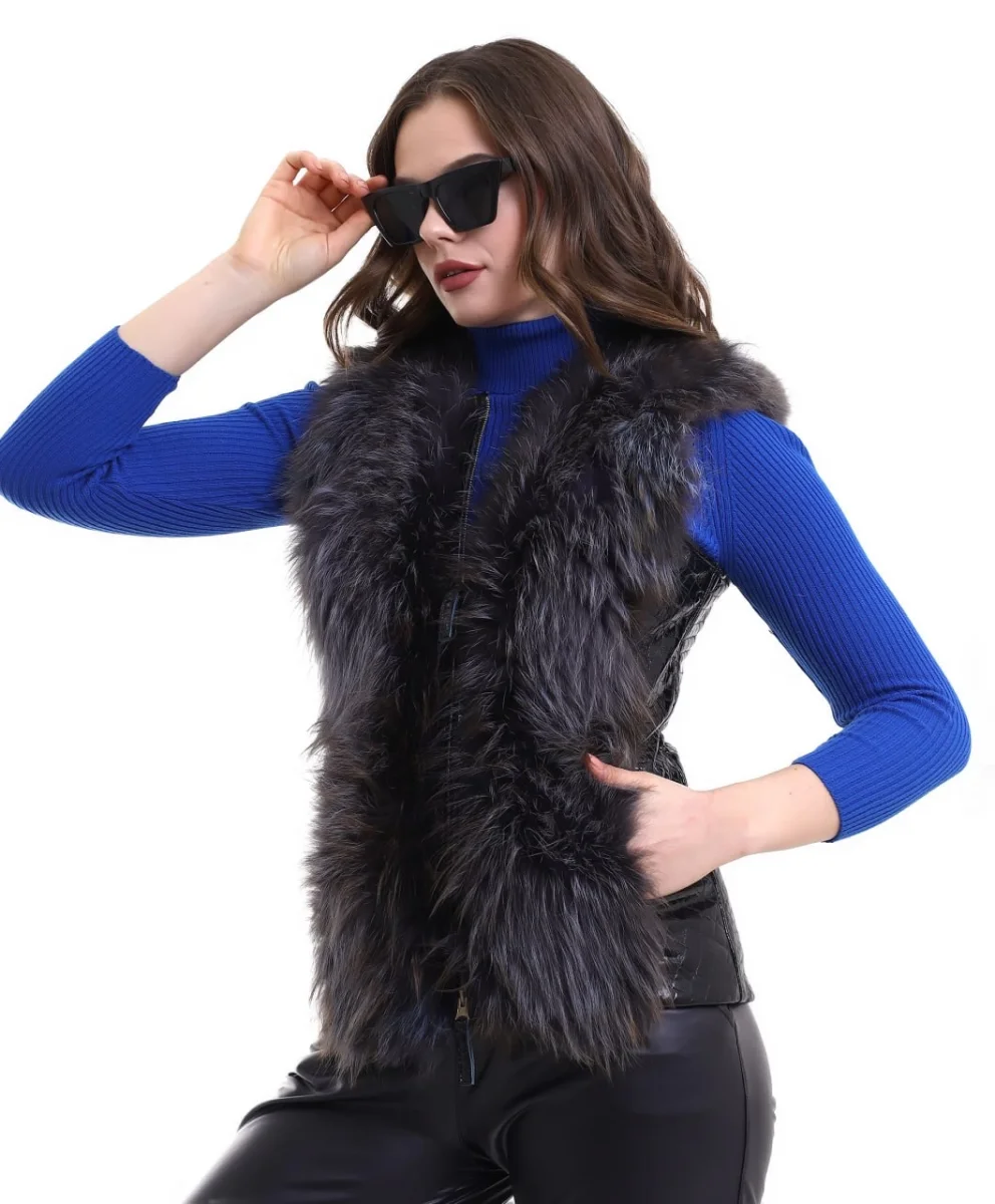 Fermuarlı Koyun Derisi Tilki Kürkü - Siyah -