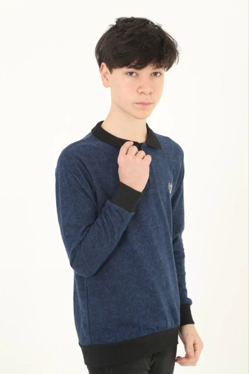 Selanik Yaka Nakışlı Kazak - Lacivert -