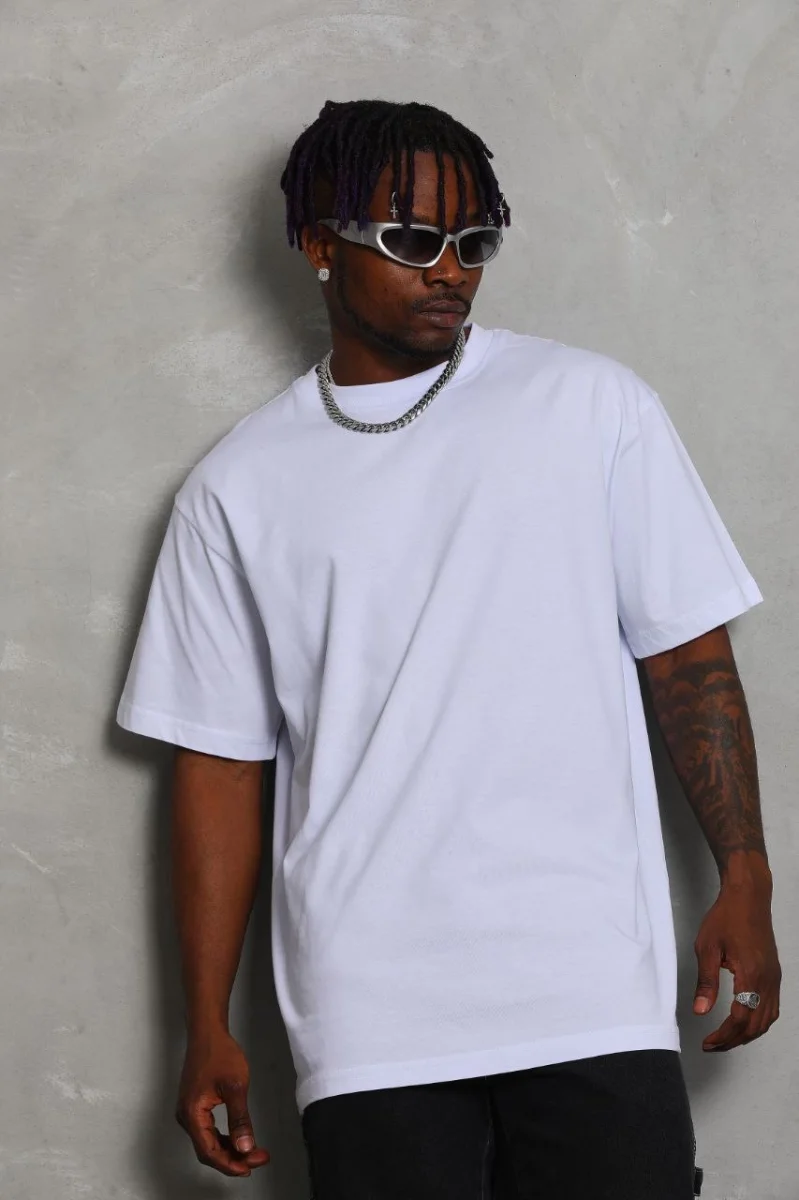 Oversize Düz Bisiklet Yaka T-Shirt - Beyaz -