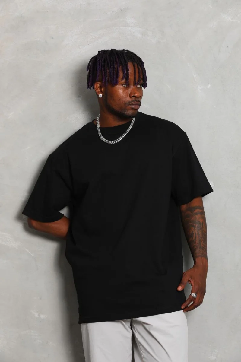 Oversize Düz Bisiklet Yaka T-Shirt - Siyah -