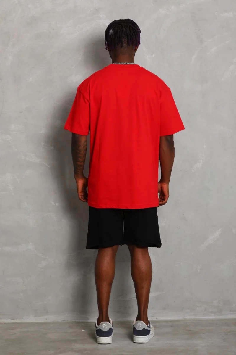 Oversize Düz Bisiklet Yaka T-Shirt - Kırmızı -