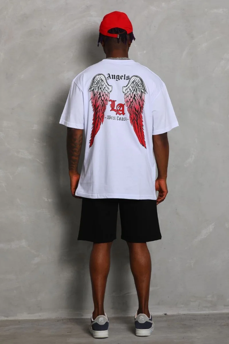 Oversize Baskılı Bisiklet Yaka T-Shirt - Beyaz -