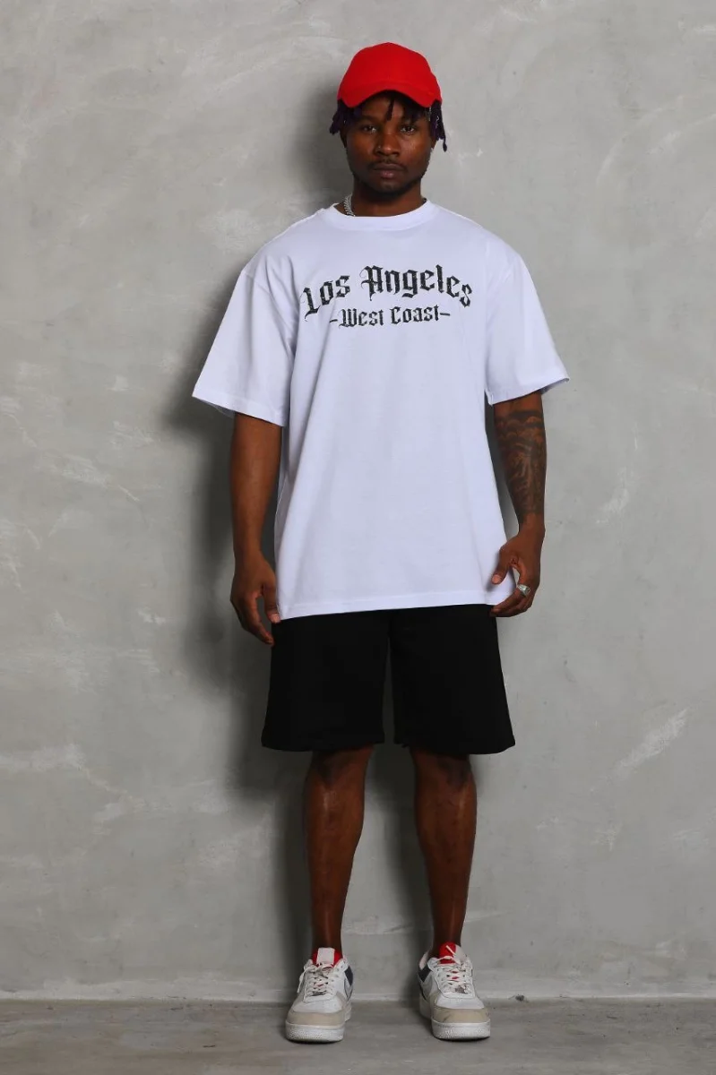 Oversize Baskılı Bisiklet Yaka T-Shirt - Beyaz -