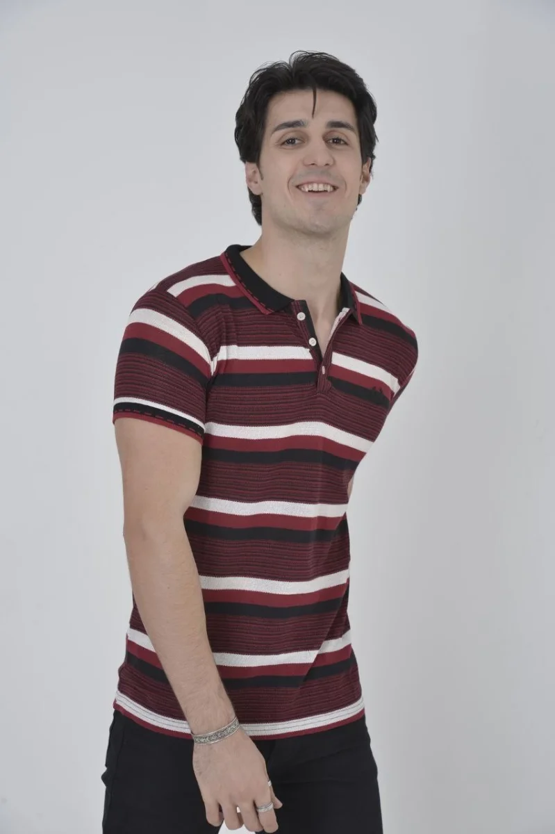 Yakalı Slim Fit Dokuma Çizgili T-Shirt - Bordo -