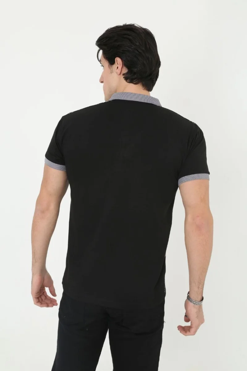 Yakalı Slim Fit Baskılı T-Shirt - Siyah -