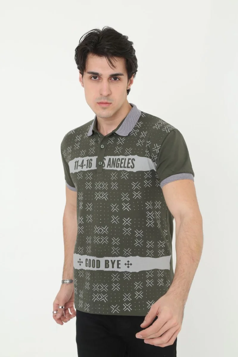 Yakalı Slim Fit Baskılı T-Shirt - Haki -