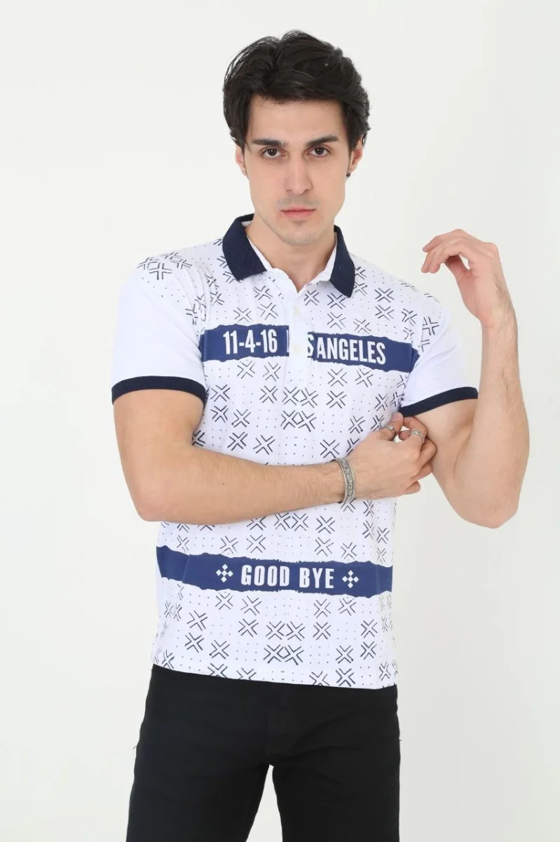 Yakalı Slim Fit Baskılı T-Shirt - Beyaz -