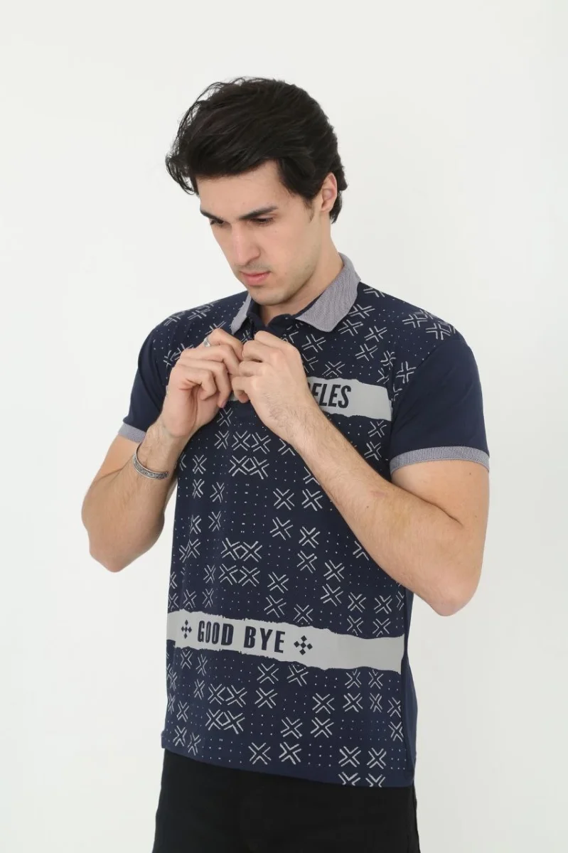 Yakalı Slim Fit Baskılı T-Shirt - Lacivert -