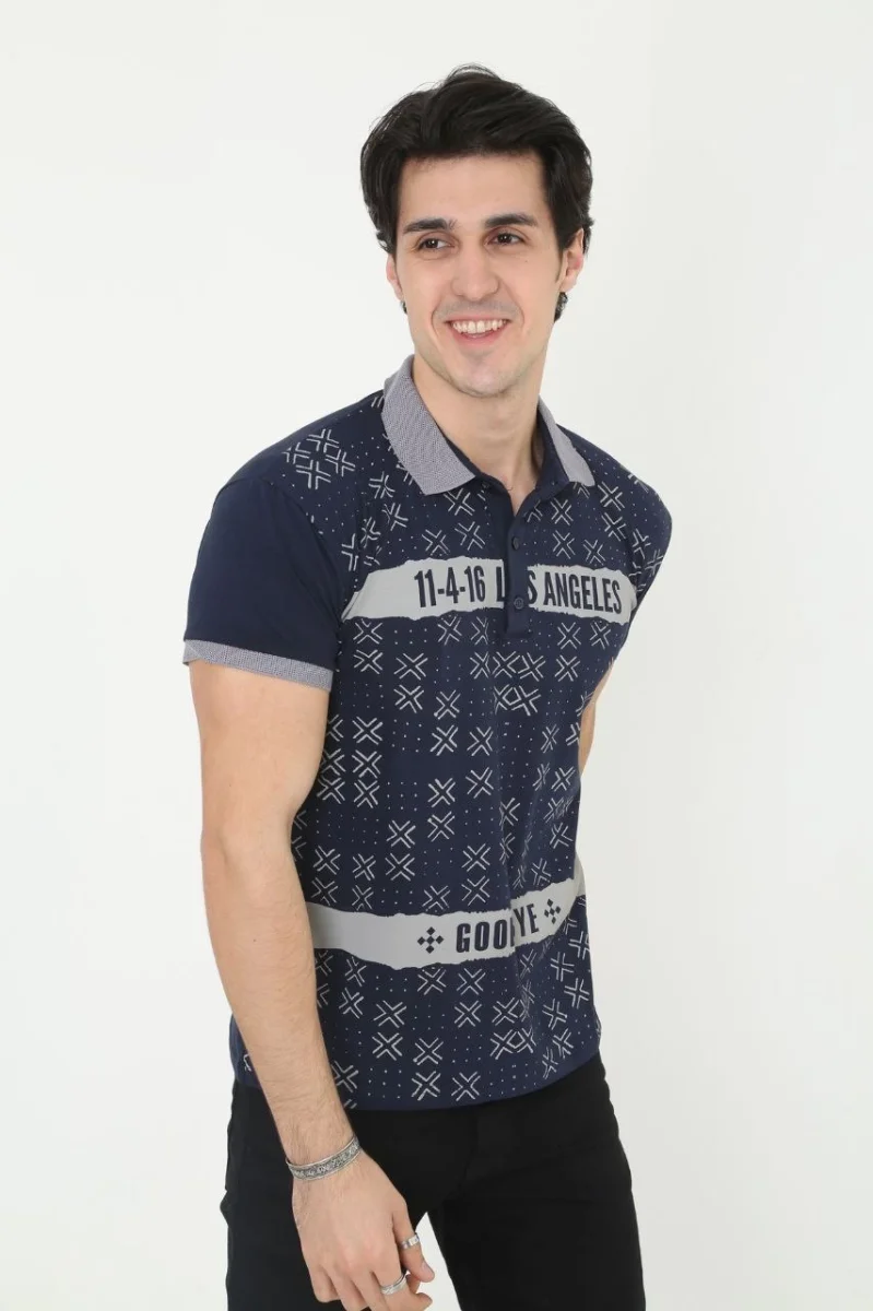 Yakalı Slim Fit Baskılı T-Shirt - Lacivert -