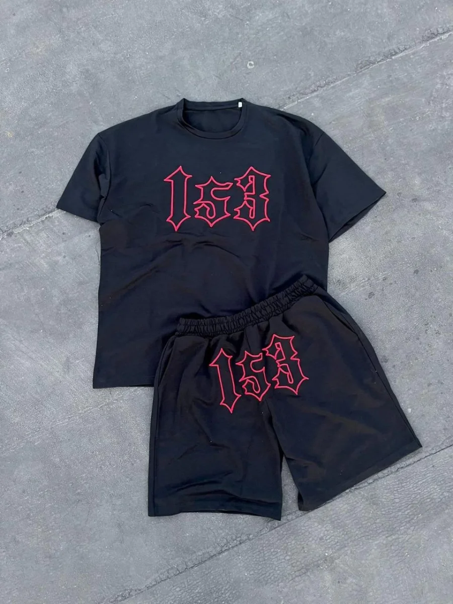 Nakış İşlemeli Şortlu Takım - Siyah -