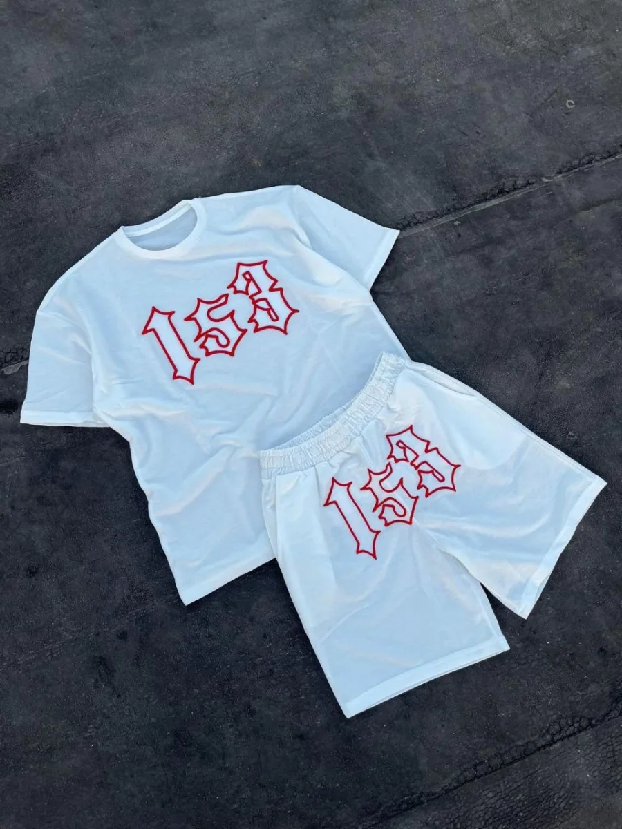 Nakış İşlemeli Şortlu Takım - Beyaz -