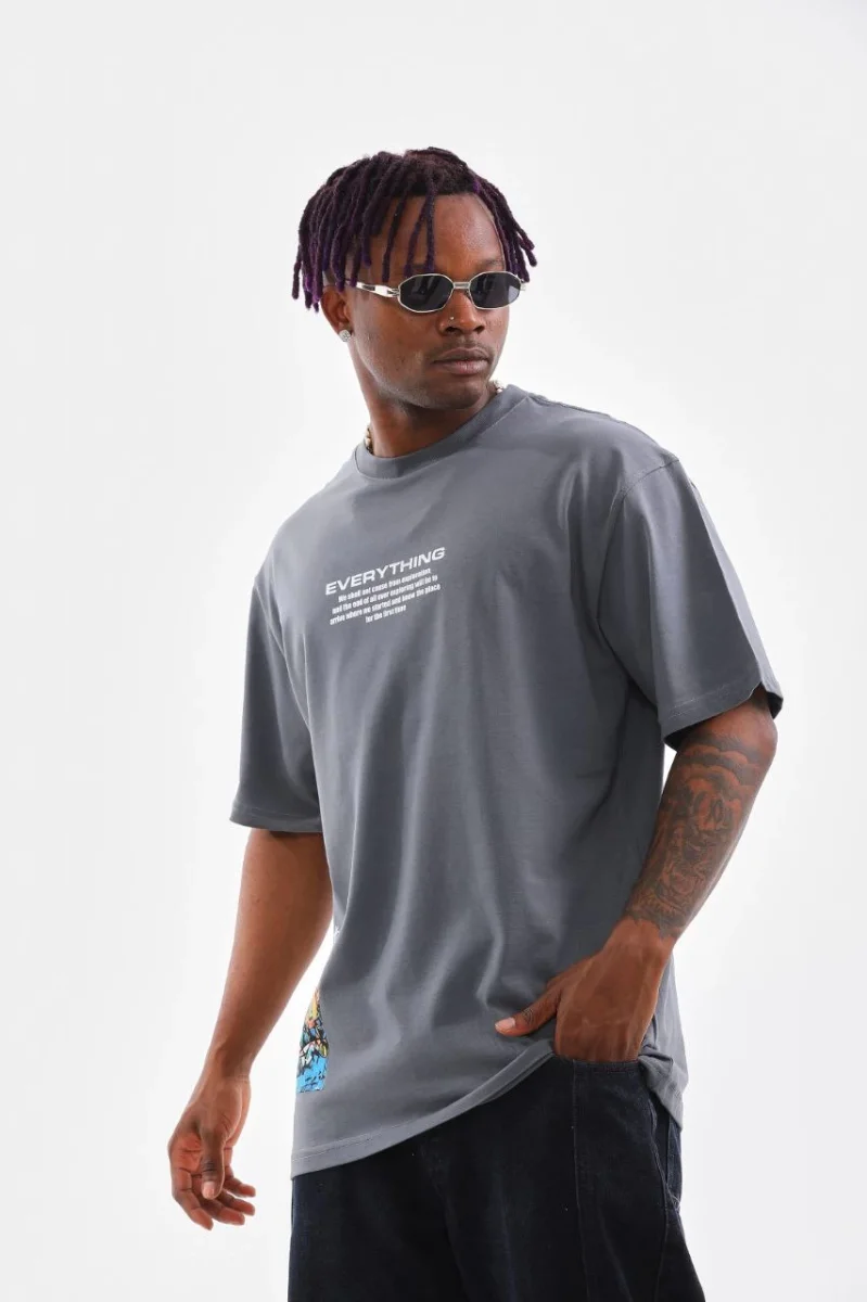 Bisiklet Yaka Baskılı Oversize T-Shirt - Gri -