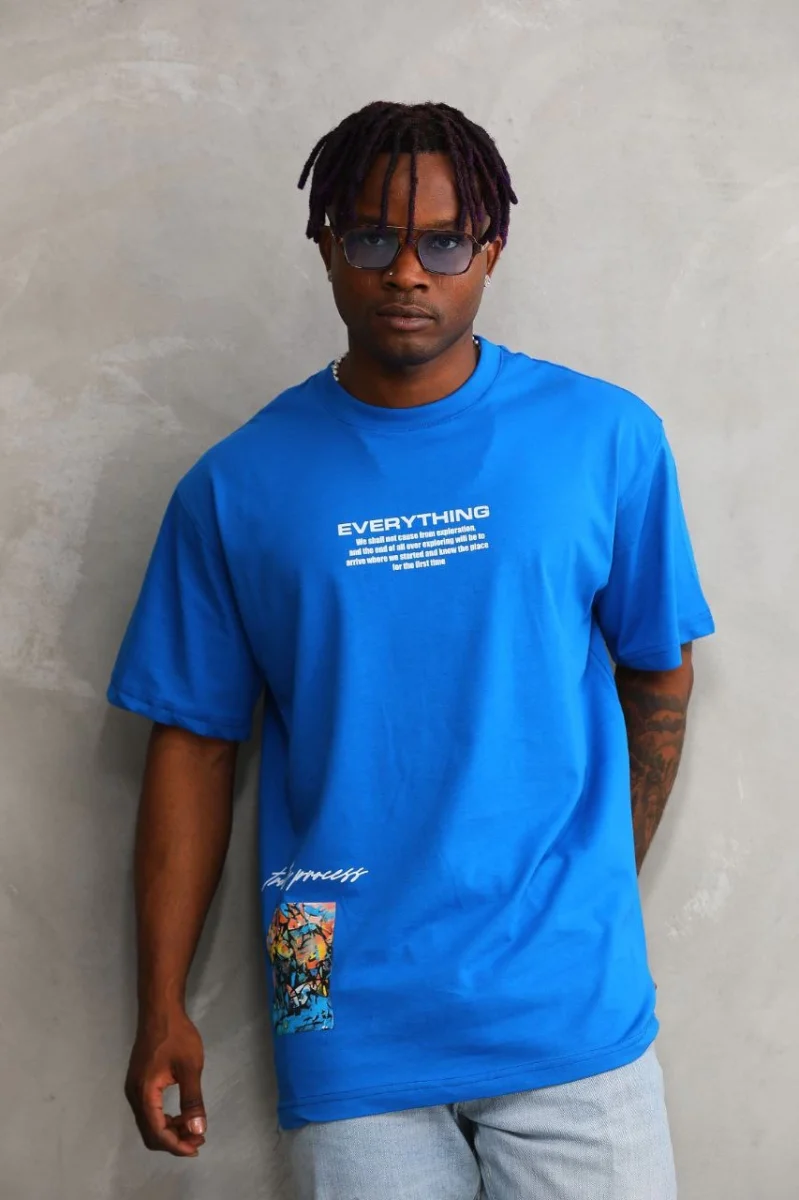 Bisiklet Yaka Baskılı Oversize T-Shirt - Mavi -