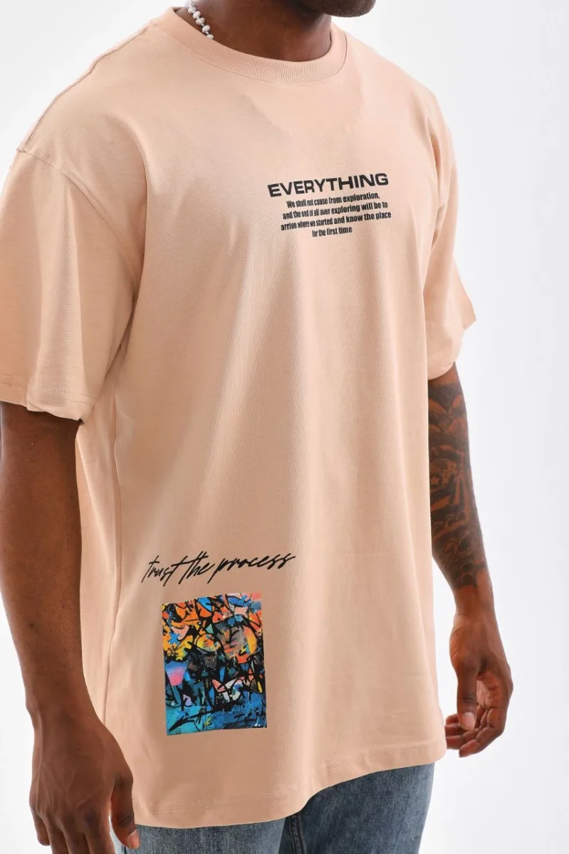 Bisiklet Yaka Baskılı Oversize T-Shirt - Bej -