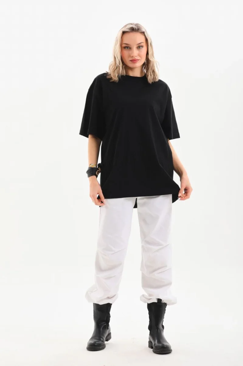 Bisiklet Yaka 20/1 Düz Oversize T-Shirt - Siyah -