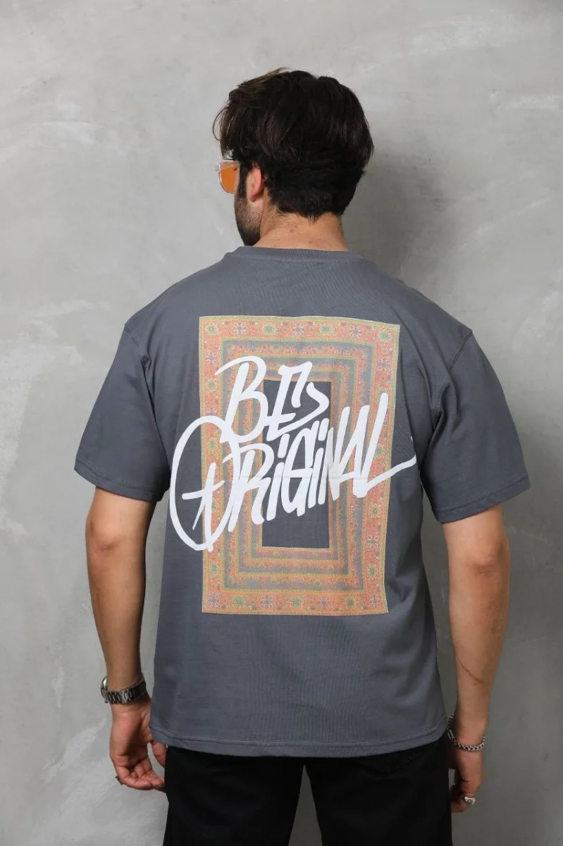 Bisiklet Yaka Baskılı Oversize T-Shirt - Füme -