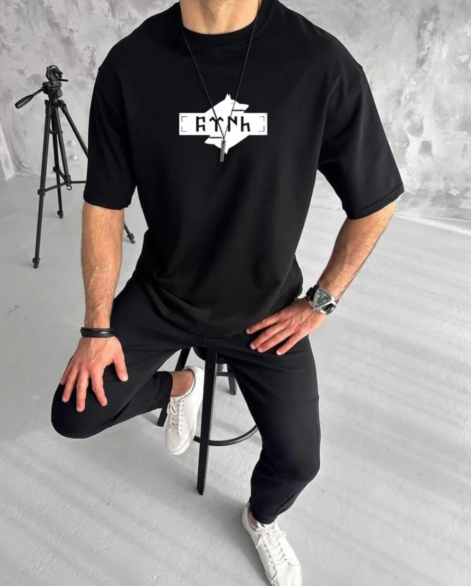 Bisiklet Yaka Baskılı Double Oversize T-Shirt - Siyah -