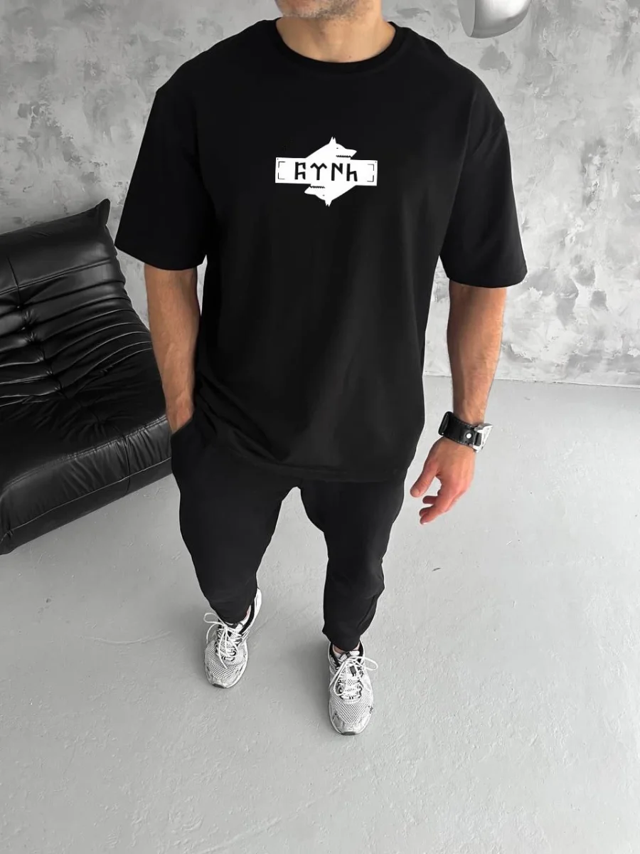 Bisiklet Yaka Baskılı Double Oversize T-Shirt - Siyah -