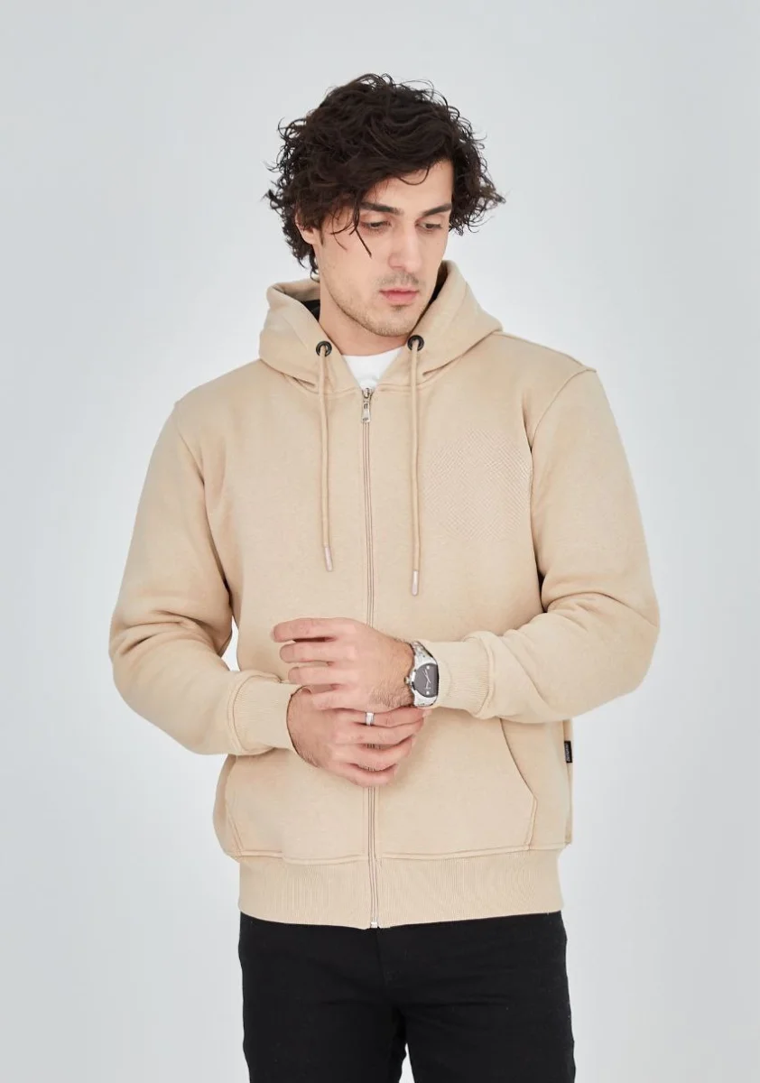 Tam Fermuarlı Kapşonlu  SweatShirt - Bej -