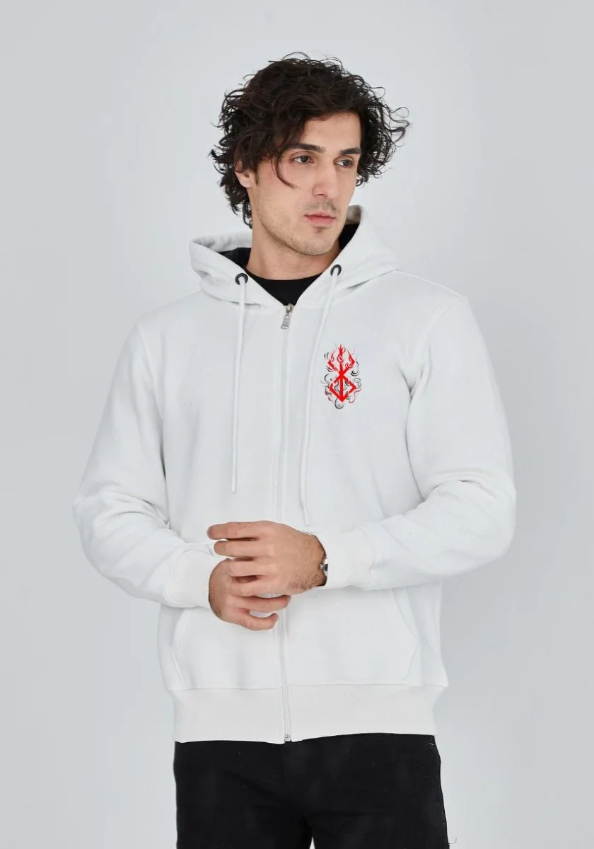 Baskılı Tam Fermuarlı Kapşonlu SweatShirt - Beyaz -