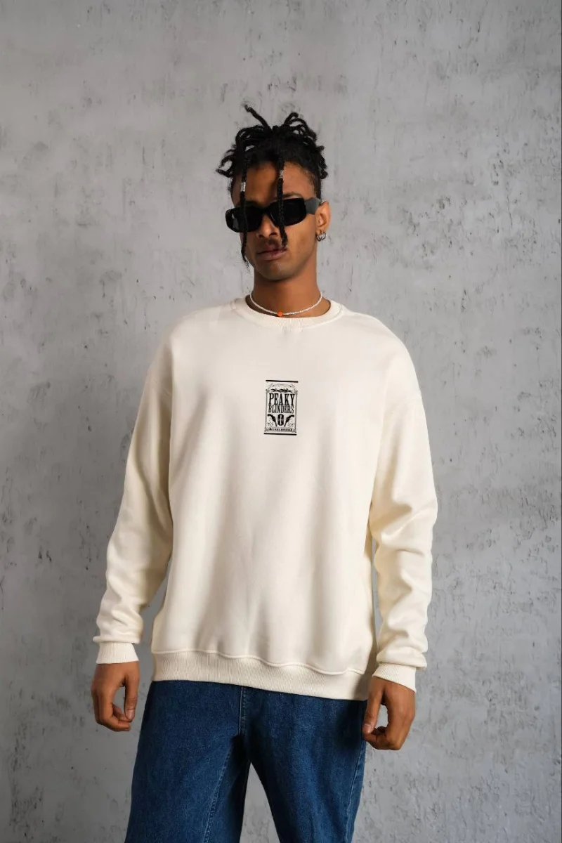 Bisiklet Yaka Baskılı Oversize Sweatshirt - Beyaz -