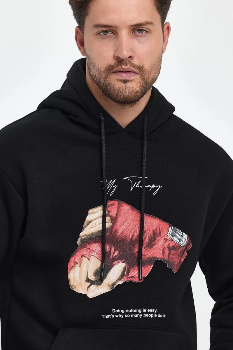 Kapüşonlu Üç İplik Oversize Baskılı Sweatshirt - Siyah -