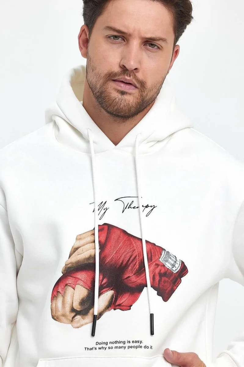 Kapüşonlu Üç İplik Oversize Baskılı Sweatshirt - Beyaz -