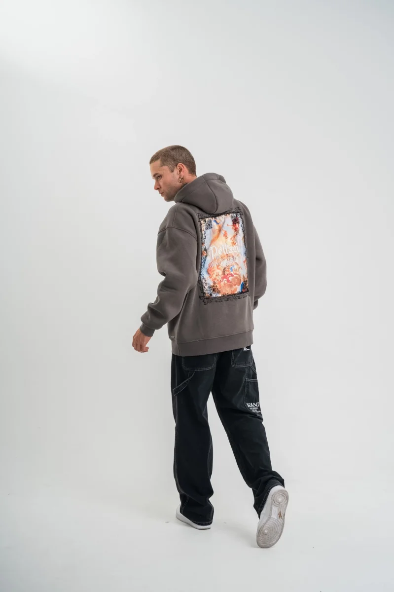 Üç İplik Kapşonlu Dijital Patchli SweatShirt - Füme -