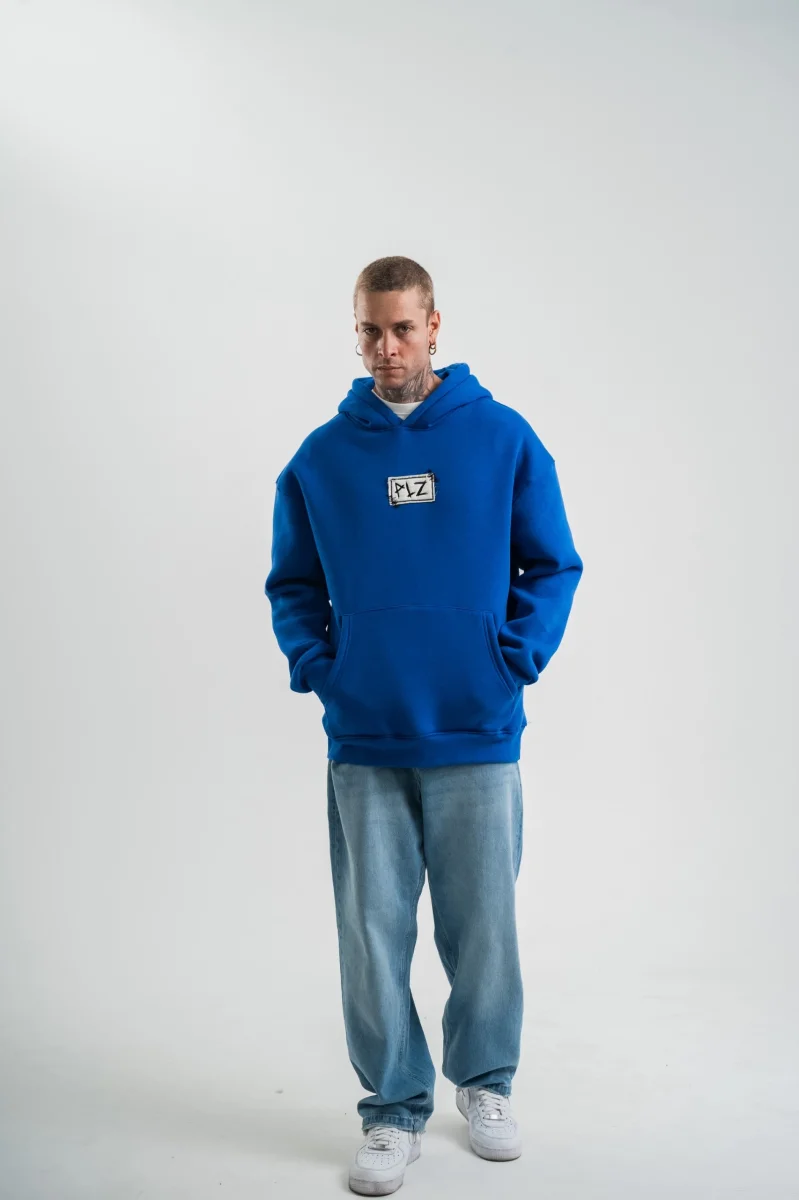 Kapşonlu Uzun Kol Patchli Nakışlı SweatShirt - Mavi -