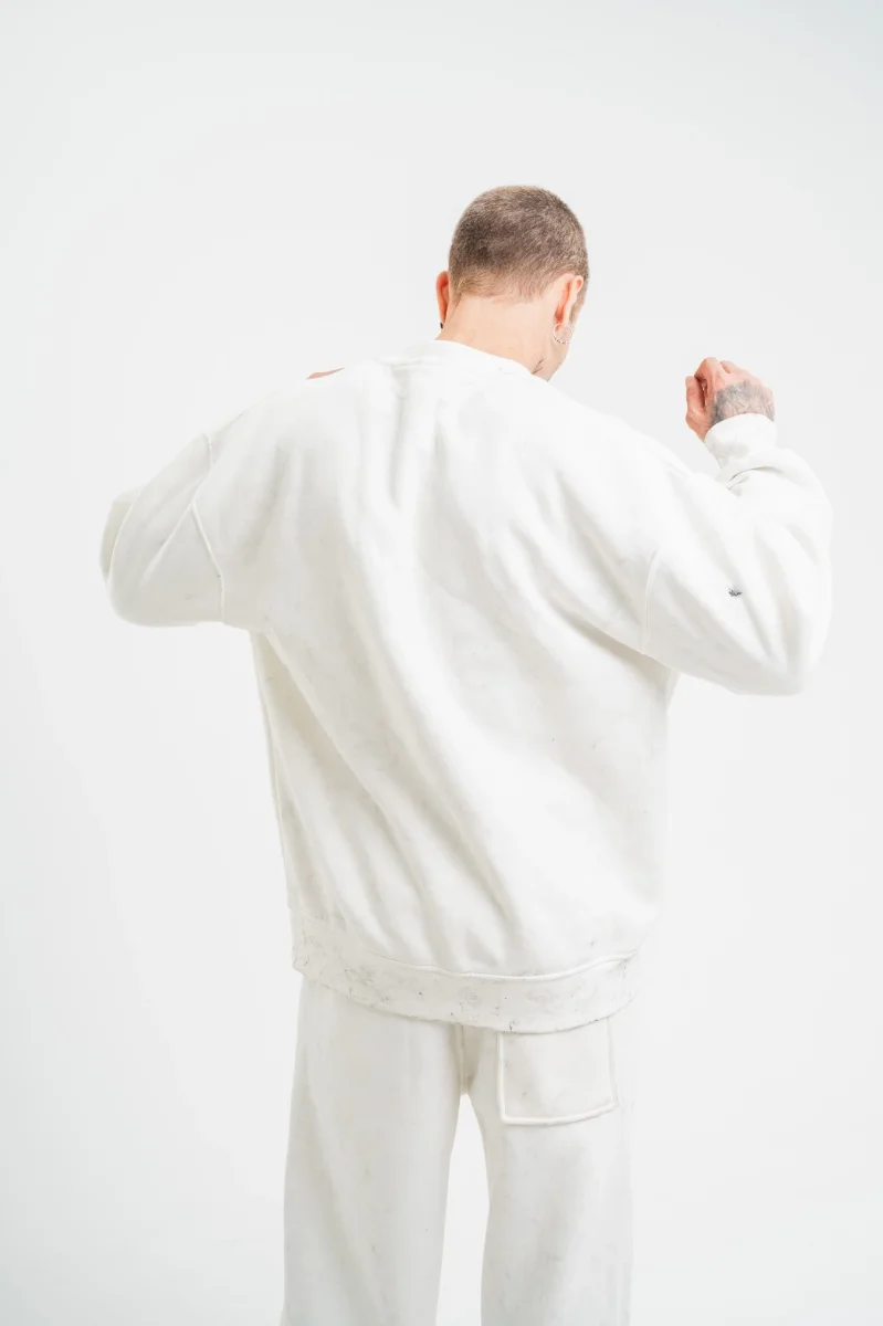 Uzun Kol Bisiklet Yaka Yıkamalı SweatShirt - Beyaz -