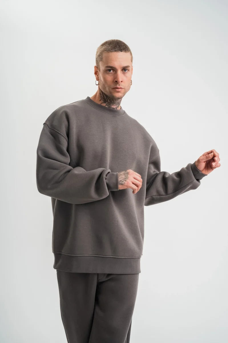 Uzun Kol Bisiklet Yaka Basic SweatShirt - Füme -