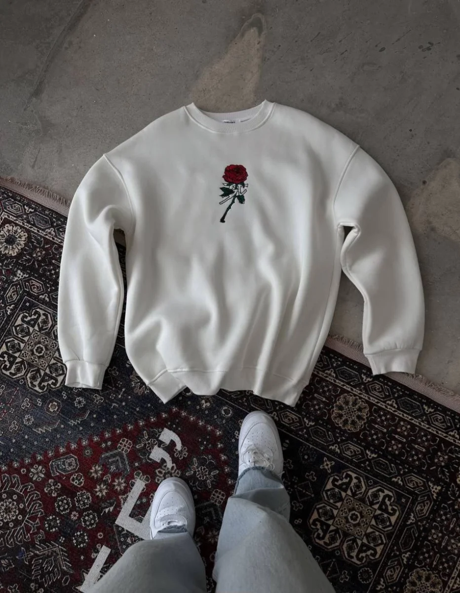 Bisiklet Yaka Ön Ve Arka Baskılı SweatShirt - Beyaz -